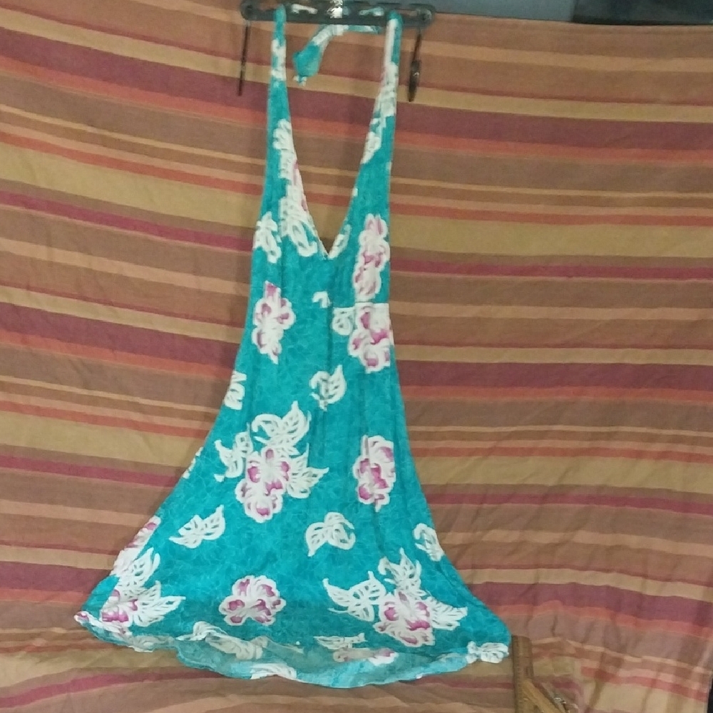 Floral Backless Dress - Teal and Pink